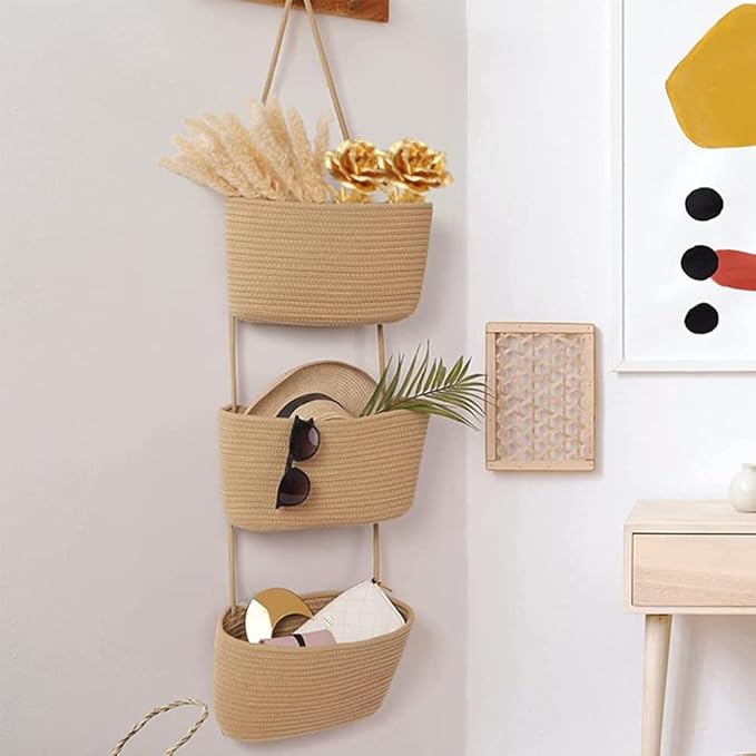 TeoKJ Over The Door Hanging Baskets, 3-Tier Woven Cotton Storage Organizer with Hooks Wall-Mounted with Self Adhesive Space Astronaut Stick Decorative Hanging Nursery Baskets - Jute