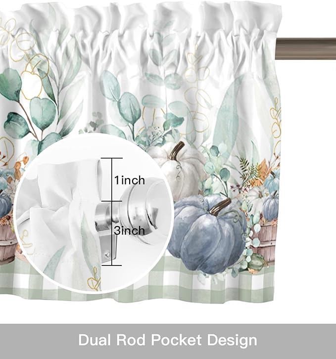 Fall Thanksgiving Kitchen Curtains Valances for Windows Navy Blue Pumpkins Green Eucalyptus Leaves Rod Pocket Window Treatment for Kitchen /Living Room/Bedroom/ Bathroom 54" X 18",Sage Farmhouse Plaid