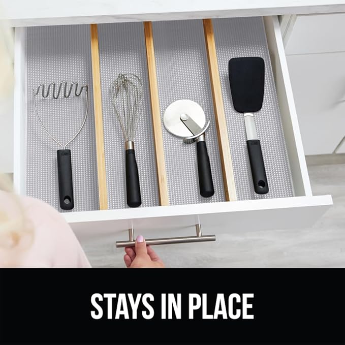 Gorilla Grip powerGRIP Drawer Shelf and Cabinet Liner, Thick Strong Hold, Non-Adhesive Liners Protect Kitchen Cabinets and Cupboard, Bathroom Drawers, Easy Install, Breathable Mat, 12" x30' Light Gray