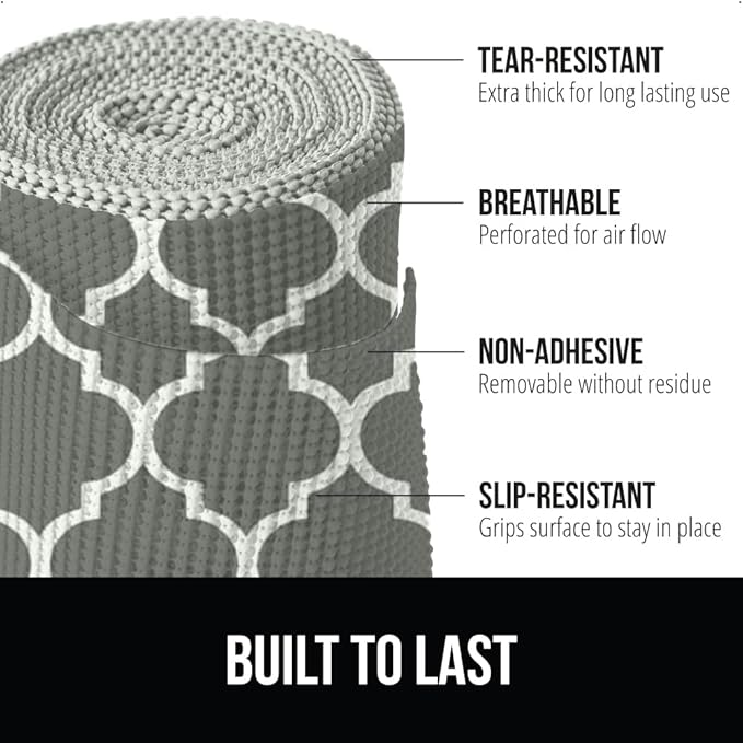 Gorilla Grip powerGRIP Drawer Shelf and Cabinet Liner, Thick Strong Hold, Non-Adhesive Liners Protect Kitchen Cabinets and Cupboard, Bathroom Drawers, Easy Install, Breathable Mat, 12" x30' Quatrefoil