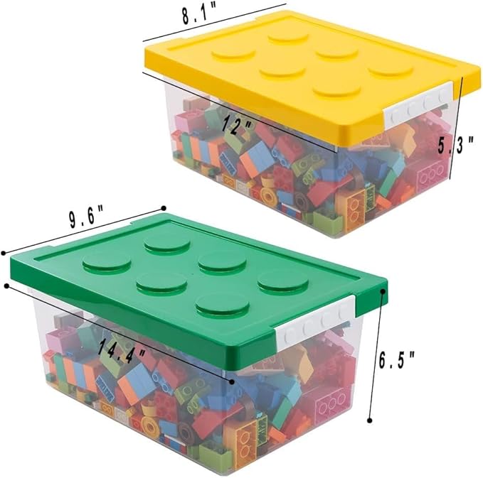 loobuu Plastic Storage Bins with Lids - Stackable Toy Storage Organizer Box Set of 2, Kids Toy Chests with Compatible Building Baseplate and Lid, Storage Container for Building Bricks - Yellow+Green