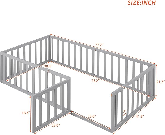 Twin Size Floor Bed with Fence, Solid Wood Floor Bed Frame for Kids with Door, Twin Platform Bed for Boys and Girls Kids Teens, Fun Design Multifunctional Floor Bed