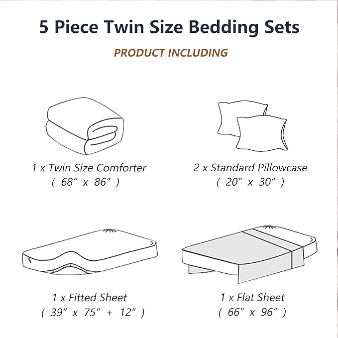 Twin Comforter Set with Sheets, 5 Pieces Super Soft Twin Bed in a Bag, All Season Solid Color Kids Bedding Set Neutral for Boys & Girls, Pink Striped