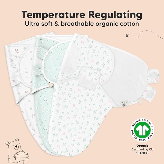 3-Pack Organic Baby Swaddle Sleep Sacks - Newborn Swaddle Sack, Ergonomic Baby Swaddles 0-3 Months, Swaddles for Newborns, Baby Sleep Sack, Baby Swaddle Blanket Wrap, Baby Essentials (Garden)