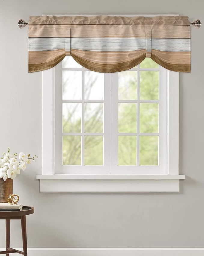 Farmhouse Summer Blackout Tie Up Valance Curtains for Kitchen Windows,Brown Beach Fall Window Toppers Balloon Shades for Living Room/Bathroom/Bedroom,1 Panel,42" X 12" Rustic Barn Wood Texture