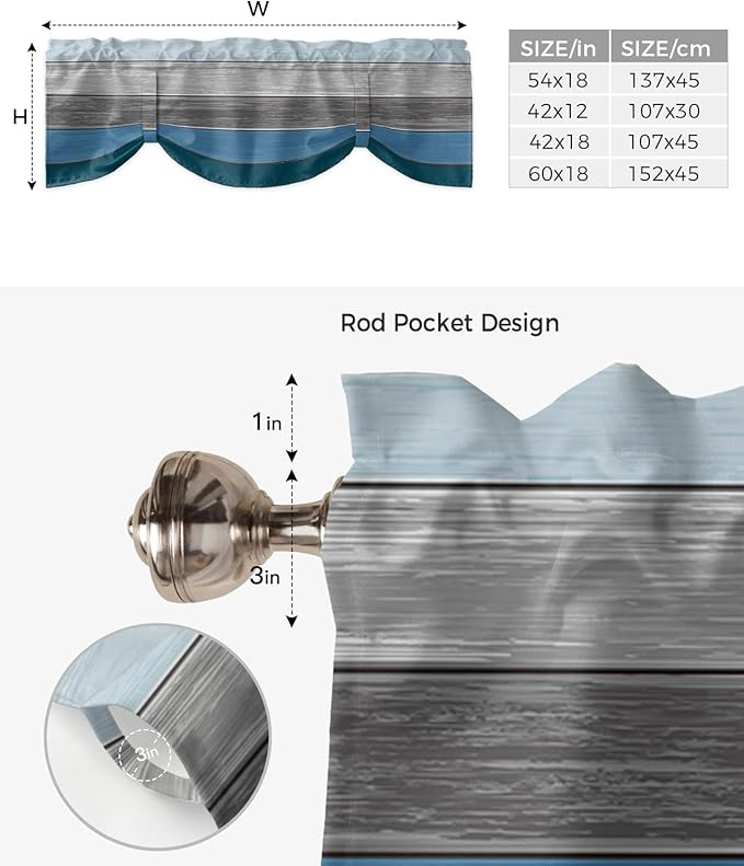 Farmhouse Blackout Tie Up Valance Curtains for Kitchen Windows,Blue Gray Ocean Hues Window Toppers Balloon Shades for Living Room/Bathroom/Bedroom,1 Panel,42" X 18" Retro Rustic Barn Wood Texture