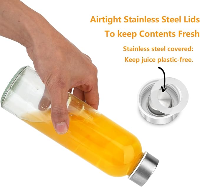 Glass Juice Bottles with Lids for Juicing 24 oz, Reusable Clear Glass Water Bottles with Stainless Steel Airtight Cap for Refrigerator, 100% Leak Proof, BPA Free, ECO Friendly, Set of 10