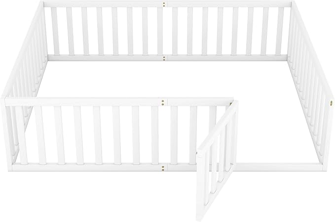 Queen Size Floor Bed with Fence, Solid Wood Floor Bed Frame for Kids with Door, Twin Platform Bed for Boys and Girls Kids Teens, Fun Design, for Children Bedroom