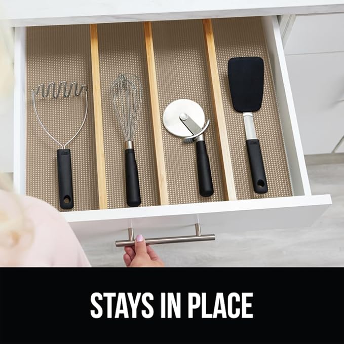 Gorilla Grip powerGRIP Drawer Shelf and Cabinet Liner, Thick Strong Hold, Non-Adhesive Liners Protect Kitchen Cabinets and Cupboard, Bathroom Drawers, Easy Install, Breathable Mat, 17.5" x10', Beige