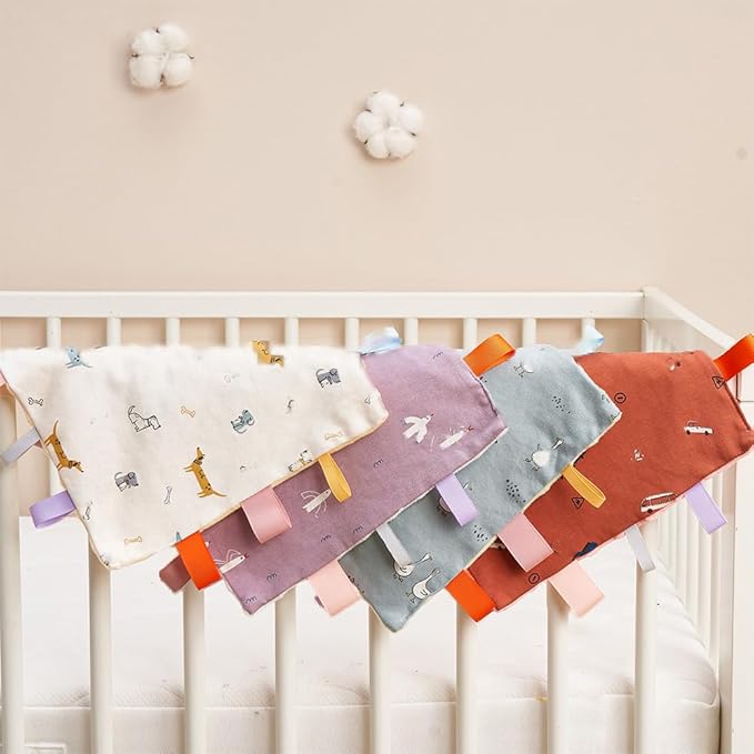 Baby Tags Security Blanket, Sensory Soothing Blanket with Tags,Dotted Backing Taggies Blanket for 3-12 Months Boys and Girls. (Dogs)
