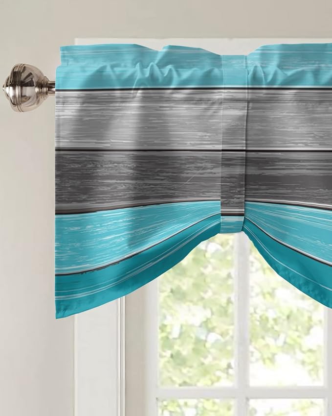 Farmhouse Blackout Tie Up Valance Curtains for Kitchen Windows, Aqua Blue Gray Window Toppers Balloon Shades for Living Room/Bathroom/Bedroom,1 Panel,54" X 18" Retro Rustic Barn Wood Texture