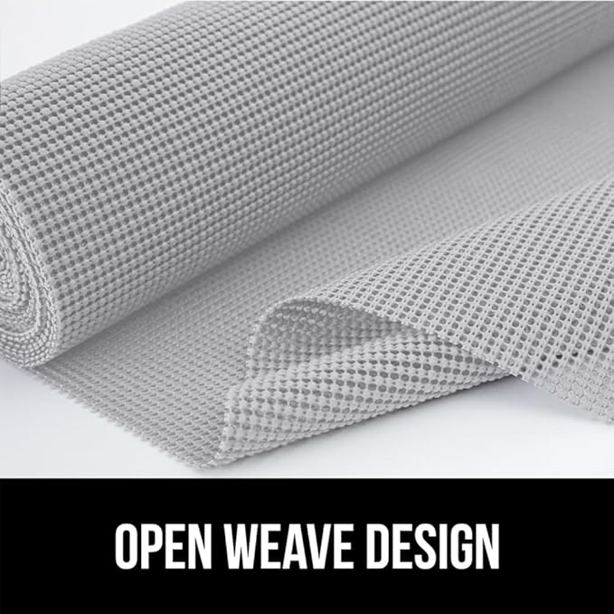 Gorilla Grip powerGRIP Drawer Shelf and Cabinet Liner, Thick Strong Hold, Non-Adhesive Liners Protect Kitchen Cabinets and Cupboard, Bathroom Drawers, Easy Install, Breathable Mat, 12" x30' Light Gray