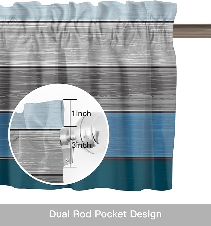 Farmhouse Kitchen Curtains Valances for Windows ,Blue Gray Ocean Hues Rod Pocket Country Window Treatment for Kitchen /Living Room/Bedroom/ Bathroom,54" X 18" -1 Panel, Retro Rustic Barn Wood Texture