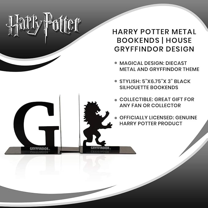 Harry Potter Metal Bookends - Black Hogwarts House Gryffindor Diecast Design - Decorative Book Holder - Home, Office, Kitchen, Room Decor - Books Collection Display for Shelves - Desk Accessories Set