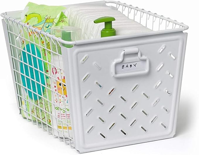 Tovolo Macklin, Stamped Steel & Wire Basket for Closet & Cubby Storage Vintage-Inspired Design with Customizable Label Plate, Medium, White