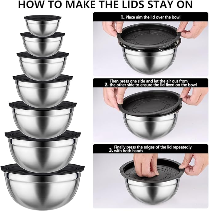 Mixing Bowls with Lids set - 26 PCS Stainless Steel Nesting Black Mixing Bowls Set for Baking, Mixing, Serving & Prepping, Size 5, 3.7, 2.8, 2.3, 1.7, 1.1, 0.7QT, 12 Cooking Utensils