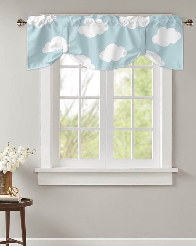 Kids Blackout Tie Up Valance Curtains for Kitchen Windows Blue White Cloud Cartoon Window Toppers Balloon Shades for Living Room/Bathroom/Bedroom,1 Panel,42" X 18"
