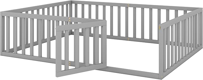 Queen Size Floor Bed with Fence, Solid Wood Floor Bed Frame for Kids with Door, Twin Platform Bed for Boys and Girls Kids Teens, Fun Design, for Children Bedroom