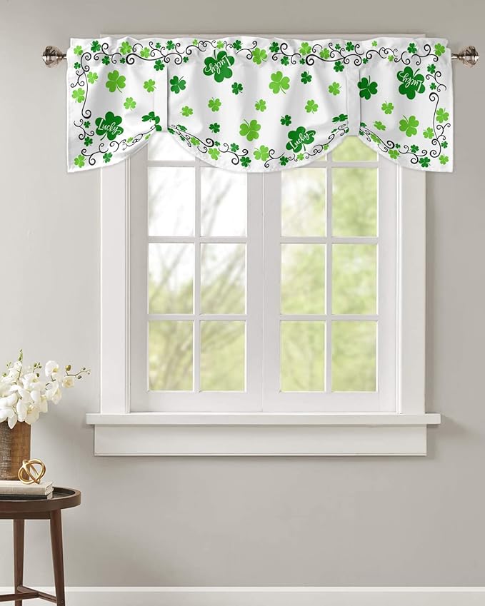 St. Patrick's Day Blackout Tie Up Valance Curtains for Kitchen Windows Green Shamrock Irish Clover Window Toppers Balloon Shades for Living Room/Bathroom/Bedroom,1 Panel, 42" X 12", Spring Holiday