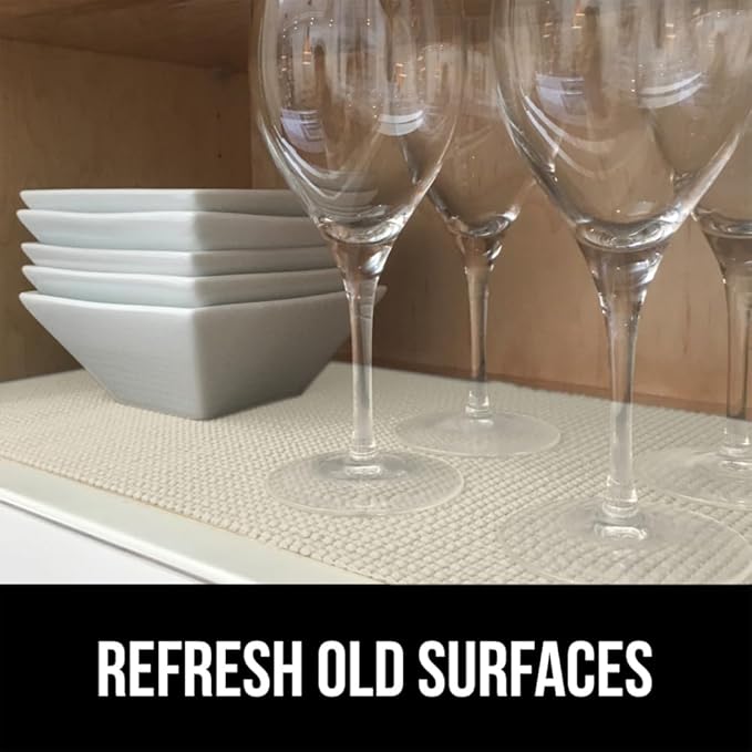 Gorilla Grip powerGRIP Drawer Shelf and Cabinet Liner, Thick Strong Hold, Non-Adhesive Liners Protect Kitchen Cabinets and Cupboard, Bathroom Drawers, Easy Install, Breathable Mat, 17.5" x30', Cream