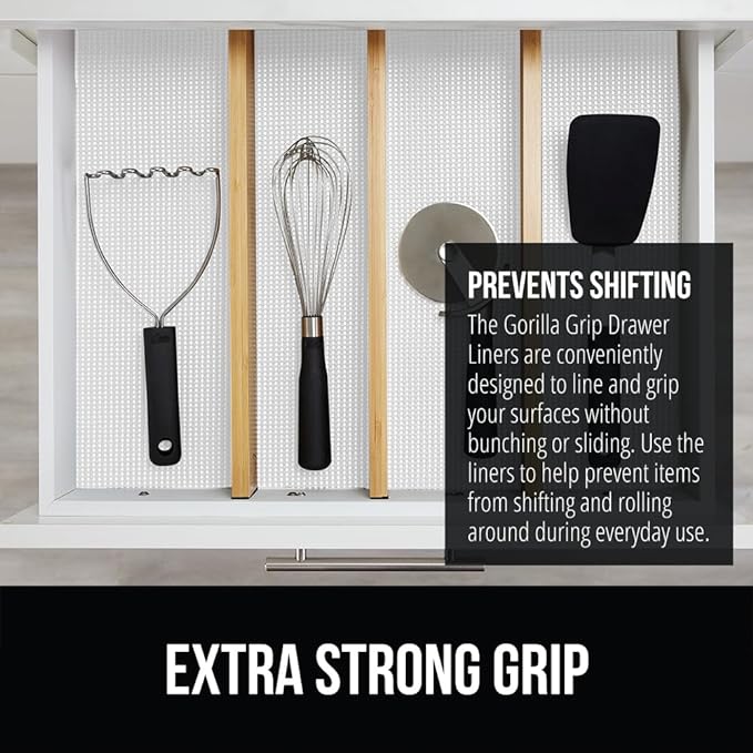 Gorilla Grip powerGRIP Drawer Shelf and Cabinet Liner, Thick Strong Hold, Non-Adhesive Liners Protect Kitchen Cabinets and Cupboard, Bathroom Drawers, Easy Install, Breathable Mat, 24" x20' Snow White
