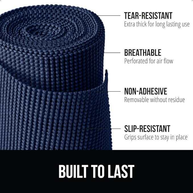 Gorilla Grip powerGRIP Drawer Shelf and Cabinet Liner, Thick Strong Hold, Non-Adhesive Liners Protect Kitchen Cabinets and Cupboard, Bathroom Drawers, Easy Install, Breathable Mat, 12" x20', Navy Blue