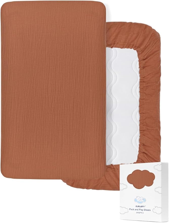 Rust Pack and Play Sheets, Muslin Cotton Small Pack n Play Mattress Pad Cover, 39"x27" Soft and Breathable Baby Sheets for Pack and Play (46P-04)