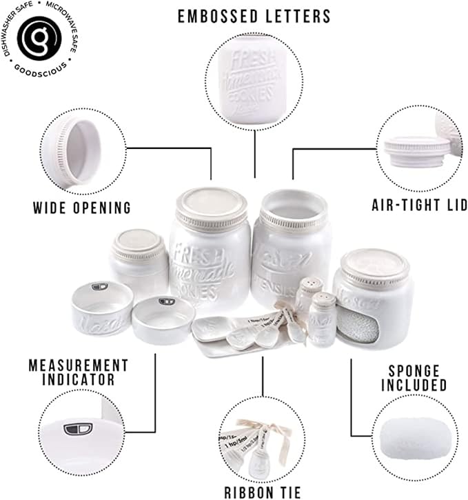 Mason Jar Kitchen Accessories Set - Ceramic Jar with Lid, Measuring Cups & Spoons, Utensil Holder for Stove, and Sponge Holder Ceramic - Vintage Utensil Rest & Condiment Shakers (White, 17-Pieces)