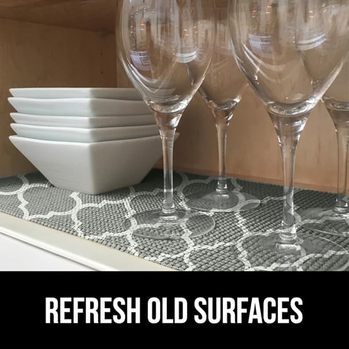 Gorilla Grip powerGRIP Drawer Shelf and Cabinet Liner, Thick Strong Hold, Non-Adhesive Liners Protect Kitchen Cabinets and Cupboard, Bathroom Drawers, Easy Install, Breathable Mat, 12" x10' Quatrefoil