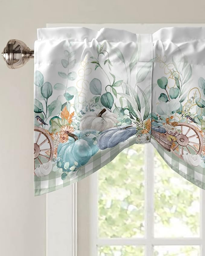 Fall Thanksgiving Blackout Tie Up Valance Curtains for Kitchen Windows Navy Blue Pumpkins Green Eucalyptus Leaves Window Toppers Balloon Shades for Living Room/Bathroom/Bedroom,54" X 18",Sage Plaid