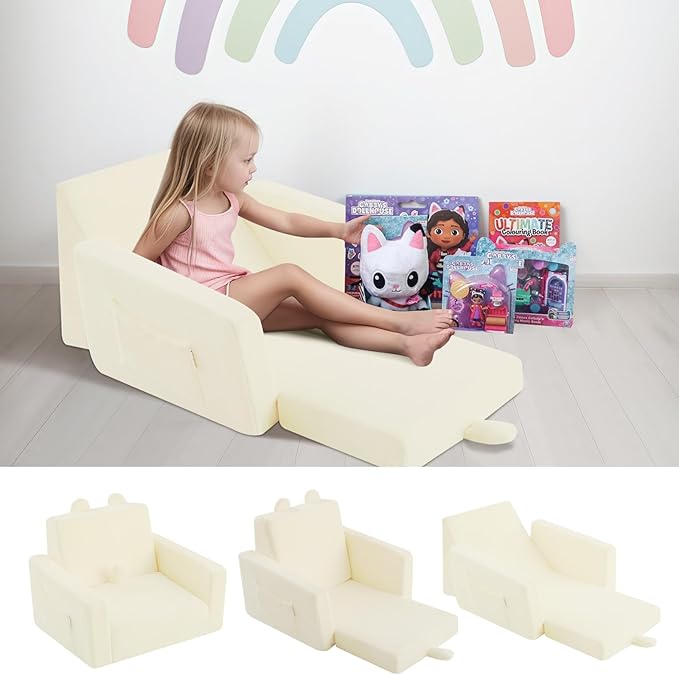 MeMoreCool Folding Toddler Chair, Cmofy Plush Fold Out Kids Couch Sofa, Convertible Kid Sofa Bed, Flip Out Baby Recliner for Toddlers 1-3 Girls Boys