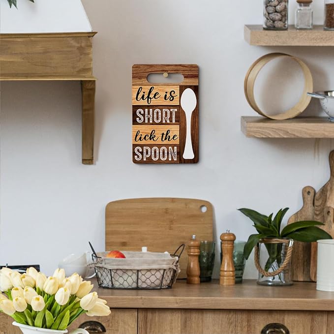Life Is Short Lick the Spoon Cutting Board Gifts, Wood Cutting Boards for Kitchen, House Warming Gifts New Home, Kitchen Wall Art, Christmas Birthday Gifts for Women Mom Grandma 8 x 12 Inch