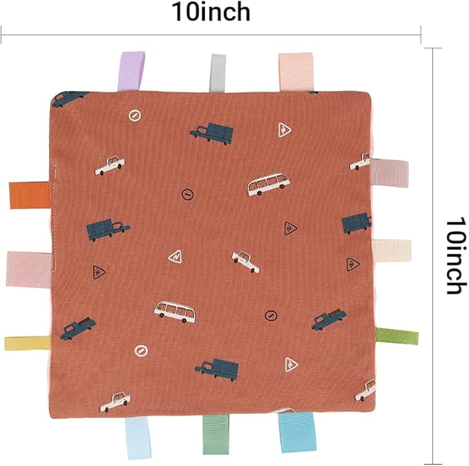 Baby Tags Security Blanket, Sensory Soothing Blanket with Tags,Dotted Backing Taggies Blanket for 3-12 Months Boys and Girls. (Car)