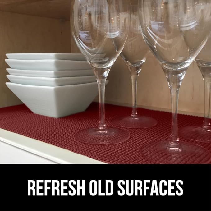 Gorilla Grip powerGRIP Drawer Shelf and Cabinet Liner, Thick Strong Hold, Non-Adhesive Liners Protect Kitchen Cabinets and Cupboard, Bathroom Drawers, Easy Install, Breathable Mat, 12" x30', Red