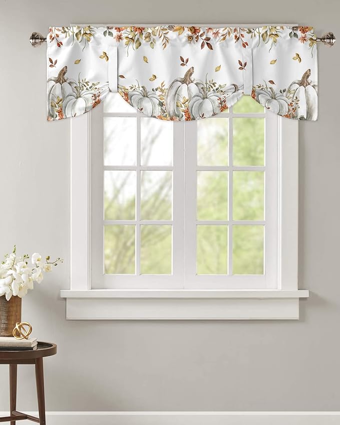 Fall Floral Leaves Blackout Tie Up Valance Curtains for Kitchen Windows Thanksgiving Pumpkins Window Toppers Balloon Shades for Living Room/Bathroom/Bedroom,1 Panel,42" X 12" Boho