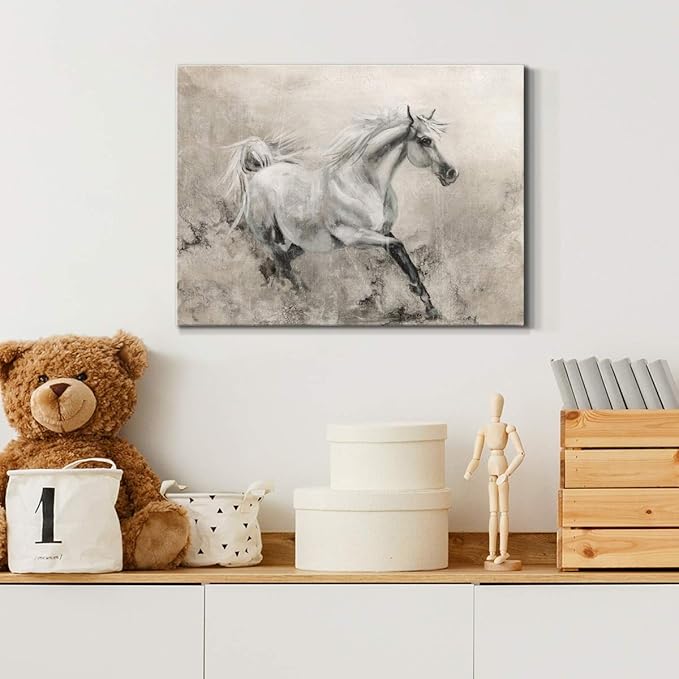 Renditions Gallery Canvas Animal Wall Art Modern Decorations Paintings Elegant Running Horse Abstract Black & White Figurative Artwork Prints for Bedroom Office Kitchen - 12"x18" LT33