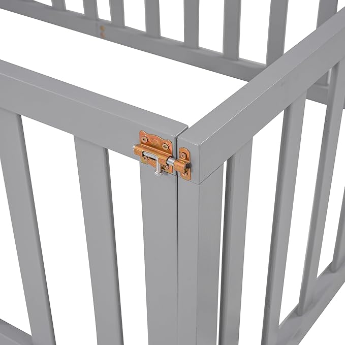 Twin Size Floor Bed with Fence, Solid Wood Floor Bed Frame for Kids with Door, Twin Platform Bed for Boys and Girls Kids Teens, Fun Design Multifunctional Floor Bed
