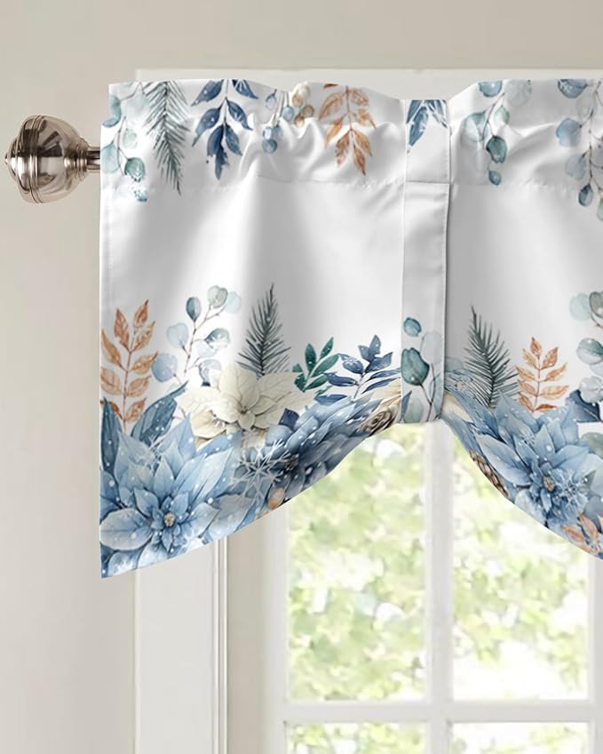 Blue Christmas Poinsettia Blackout Tie Up Valance Curtains for Kitchen Windows Winter Eucalyptus Leaves Window Toppers Balloon Shades for Living Room/Bathroom/Bedroom,1 Panel, 42" X 18",