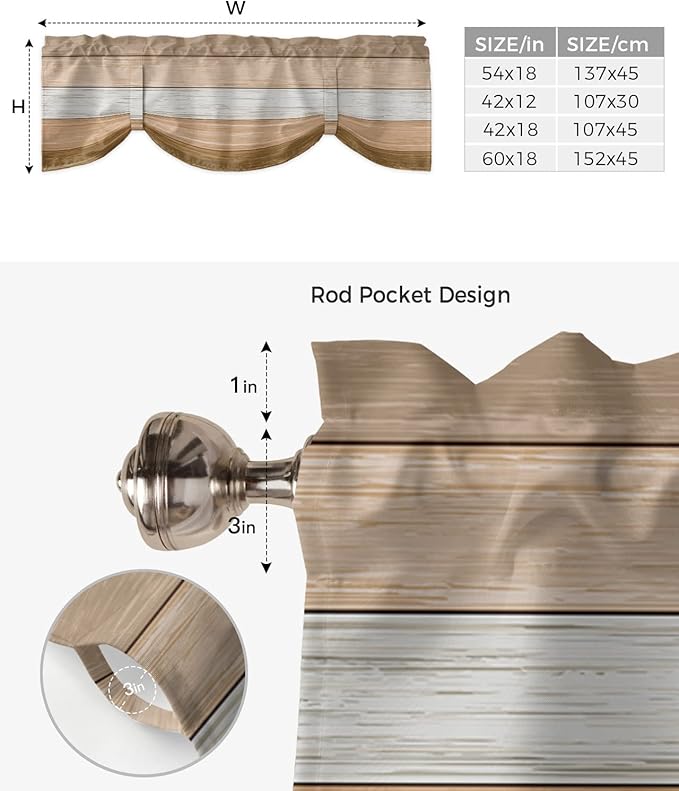 Farmhouse Summer Blackout Tie Up Valance Curtains for Kitchen Windows,Brown Beach Fall Window Toppers Balloon Shades for Living Room/Bathroom/Bedroom,1 Panel,42" X 12" Rustic Barn Wood Texture