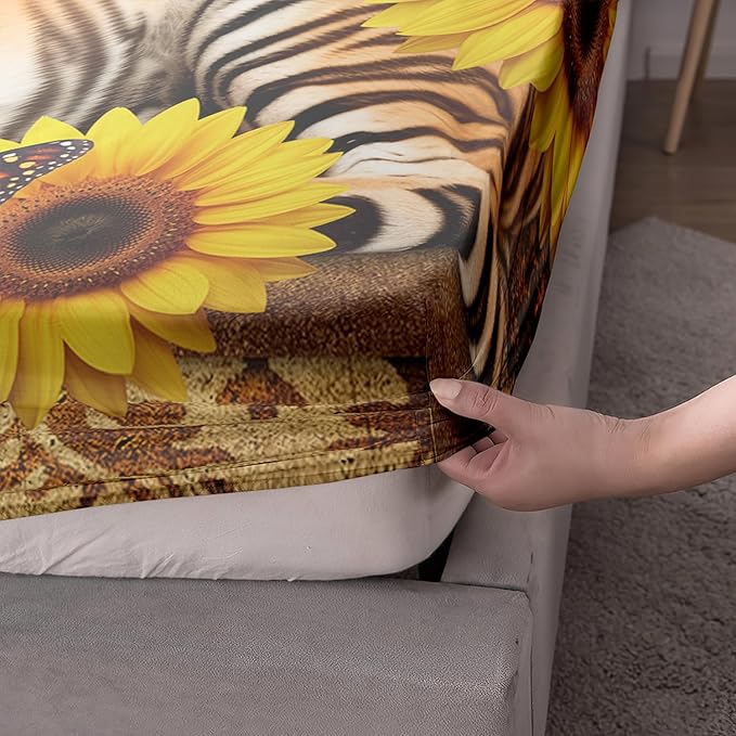 AILONEN Tiger Fitted Sheet Set Twin Size, Vintage Retro Boho Bed Sheet Set Sunflower Butterfly Sheet Set,3 Pieces Printed Teen Boys Tiger Fitted Sheet with 2 Pillowcases