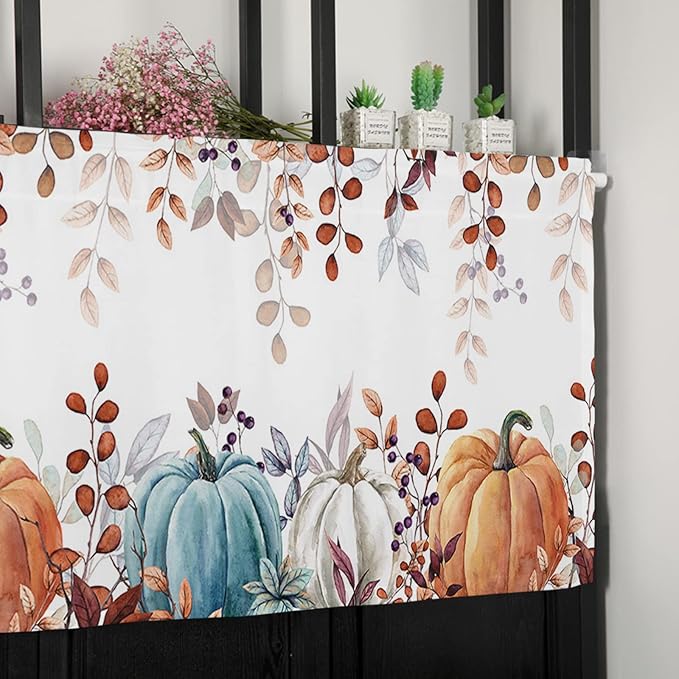 Fall Thanksgiving Kitchen Curtains Valances for Windows Watercolor Autumn Pumpkins Eucalyptus Leaves Rod Pocket Window Treatment for Kitchen /Living Room/Bedroom/ Bathroom,42" X 18", Blue Orange