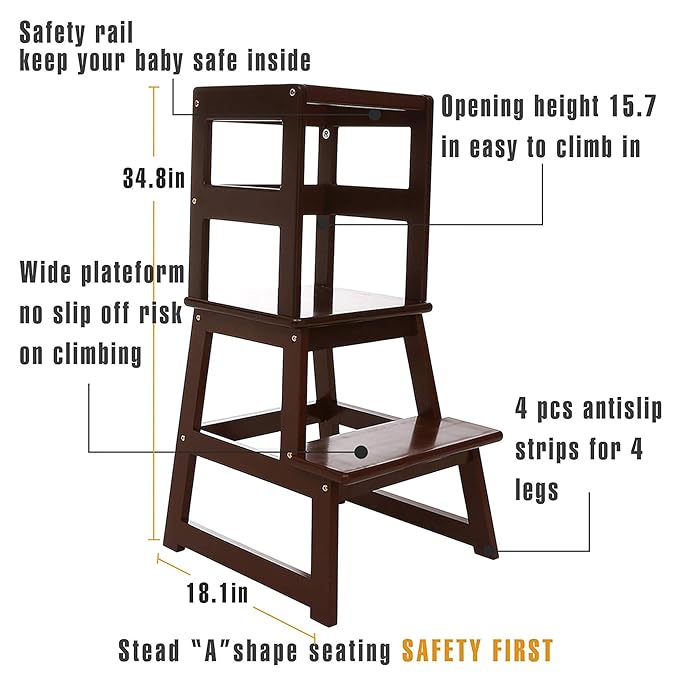 SDADI Kids Kitchen Step Stool Holds up to 150 Pounds with Safety Rail, Wide Platform Design, 4 Anti Slip Strips for 18 to 36 Months Old, Espresso