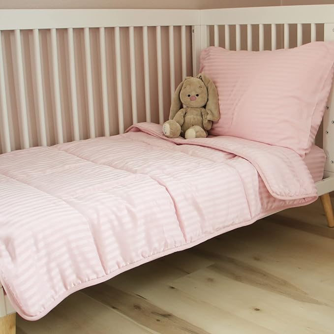 Toddler Bedding Set - 4 Piece Soft Crib Bedding Set for Girls, Includes Toddler Comforter, Flat Sheet, Fitted Sheet and Pillowcase, Pink Stripe