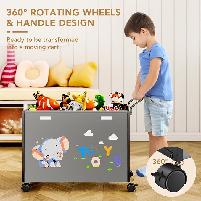 Toy Box Toy Storage - 72L Kids Toy Organizer with Wheels Toy Chest Storage Bins with Lids, Toy Boxes for Girls Boys, Stuffed Animals, Clothes, Bedroom, Living Room (grey)