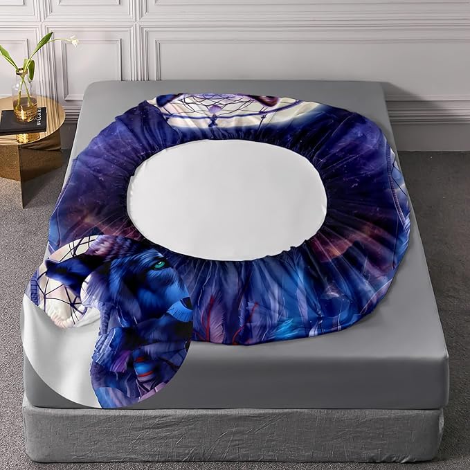 AILONEN Wolf Dream Catcher Fitted Sheet Set Twin XL Evening Purple Galaxy Starry Moon Wolf Bed Sheet with 2 Pillowcases,3 Pieces Wolf Print Boys Girls TwinXL Fitted Sheet Set