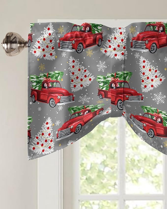 Red Truck Christmas Blackout Tie Up Valance Curtains for Kitchen Windows Merry Christmas Tree Window Toppers Balloon Shades for Living Room/Bathroom/Bedroom,1 Panel, 42" X 18", Winter Snowflake Grey