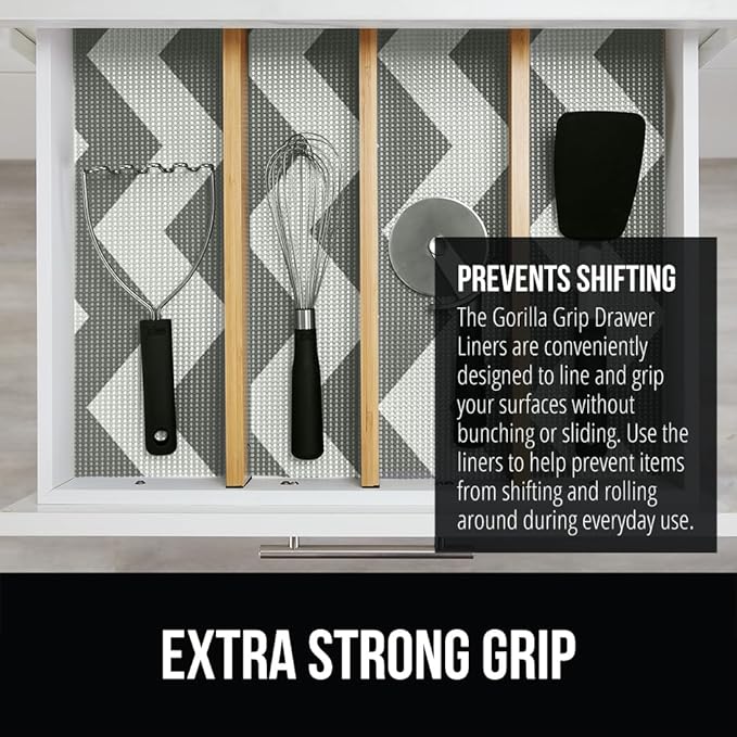Gorilla Grip powerGRIP Drawer Shelf and Cabinet Liner, Thick Strong Hold, Non-Adhesive Liners Protect Kitchen Cabinets and Cupboard, Bathroom Drawers, Easy Install, Breathable Mat, 20" x30', Chevron
