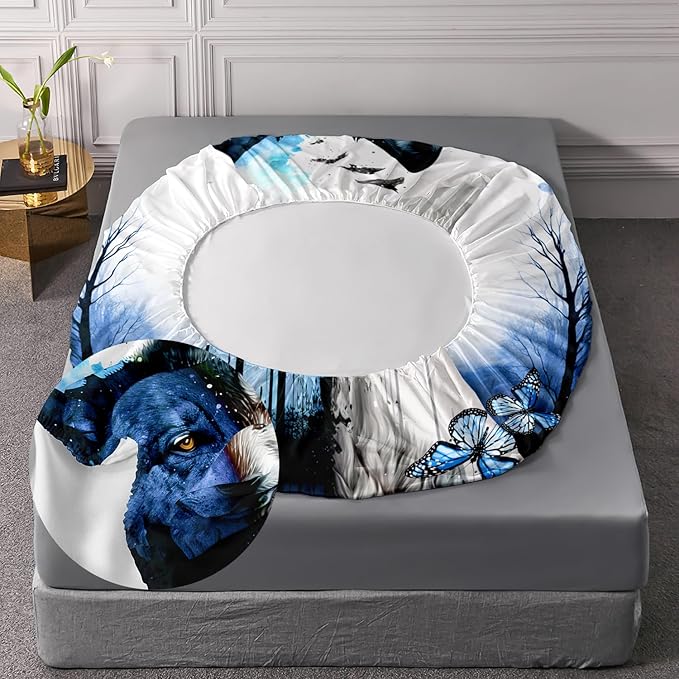 AILONEN Wolf Fitted Sheet Set Twin Size Tie Dye Wolf Sheet Set for Boys Girls,Animal Wolf Wildlife Bed Sheet with 2 Pillowcases,3 Pieces Watercolor Wolf Print Bed Sheet Set