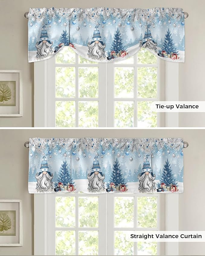 Christmas Gnome Blackout Tie Up Valance Curtains for Kitchen Windows Winter Merry Christmas Tree Balls Window Toppers Balloon Shades for Living Room/Bathroom/Bedroom,1 Panel, 42" X 18", Blue