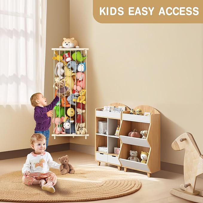 Kids Stuffed Animal Storage Organizer - Corner Stuff Animal Holder for Kids with Length Adjustable - Plush Toys Wall Storage for Nursery Playroom Bedroom (Ivory)